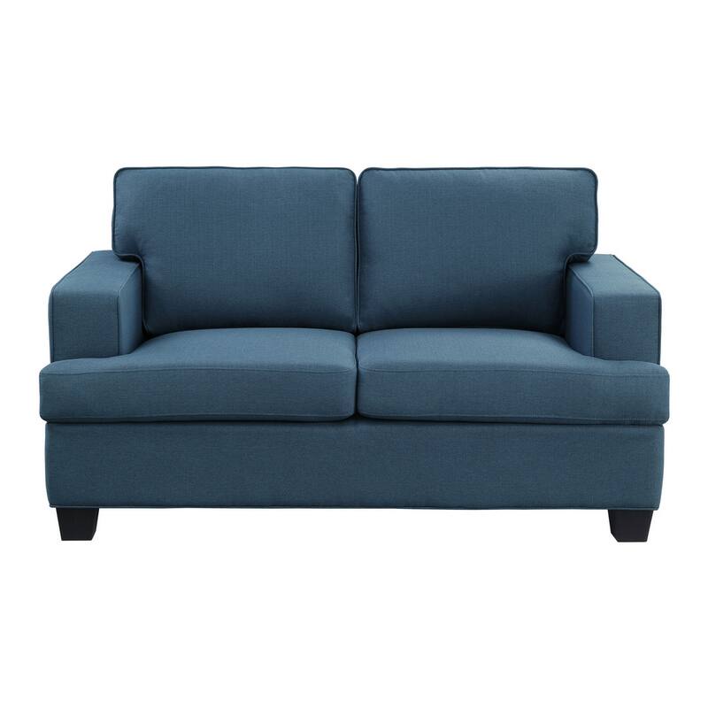 Eoin 62 Inch Loveseat, Blue Polyester, Soft Foam Cushioning, Solid Wood