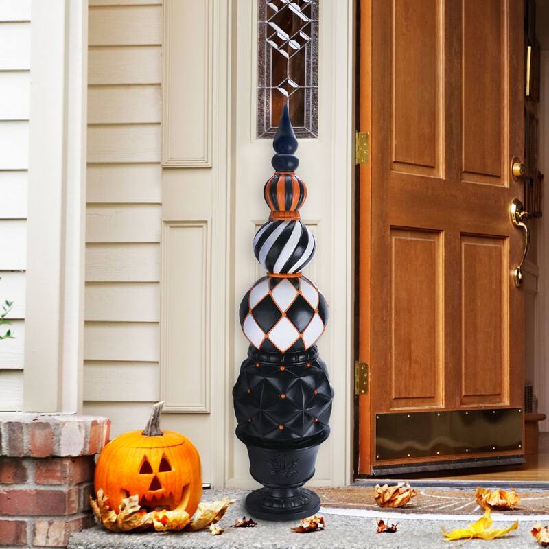 Haunted Hill Farm 4-Ft. Resin Ball and Finial Topiary in a Black Pedestal Urn - Indoor or Outdoor Halloween Decoration