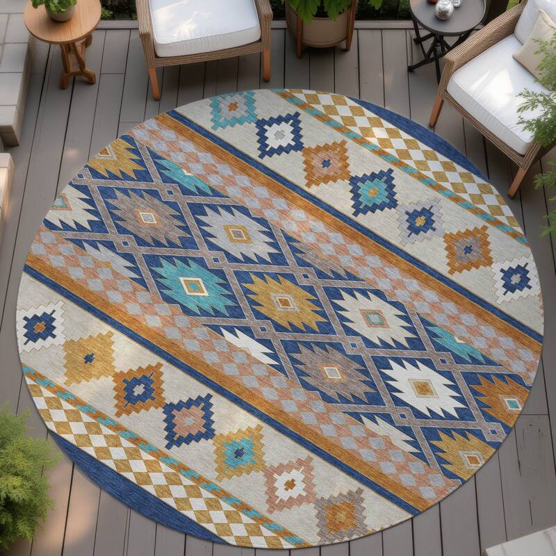 Machine Washable Indoor/ Outdoor Global Clemente Chantille Rug - Navy - 8' x 8'