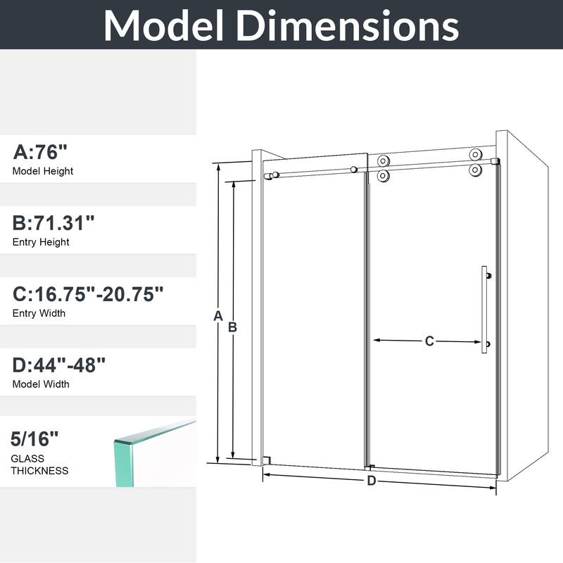Frameless Clear Tempered Glass Single Sliding Shower Door with 5/16" Thick