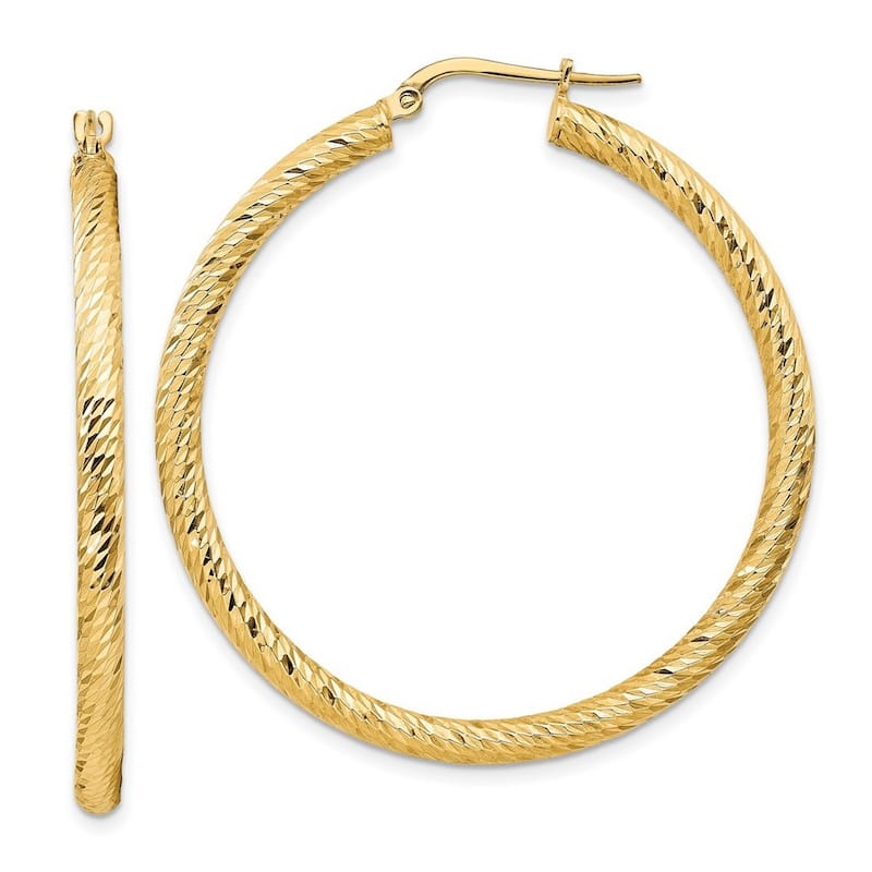 Curata 14k Yellow Gold 3x35 Sparkle Cut Round Hoop Earrings