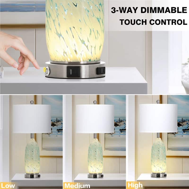25" Coastal Bedside Table Lamps with 3-Way Touch Dimming and Charging Ports