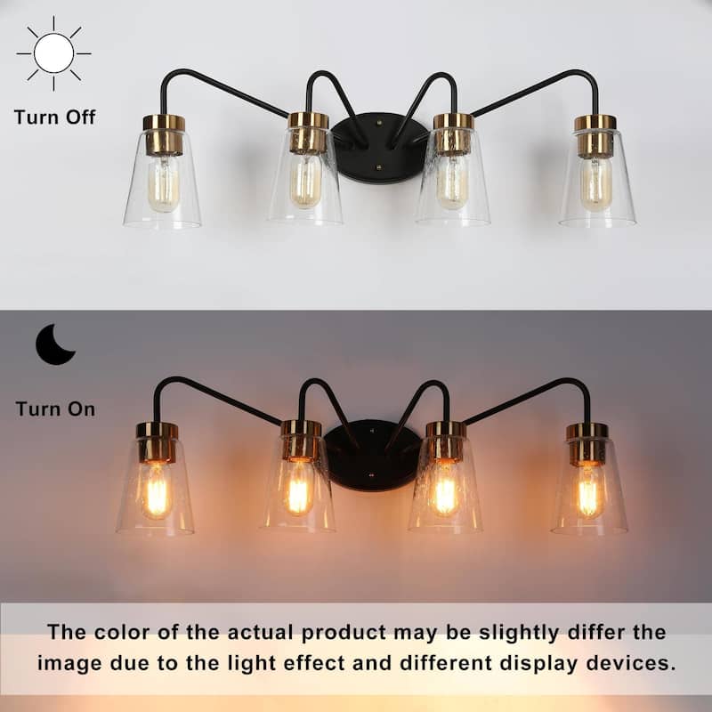 Modern Farmhouse 4-Light Black Gold Bathroom Vanity Lights Dimmable Seeded Glass Wall Lighting - 28.5" L x 7" W x 9.5" H