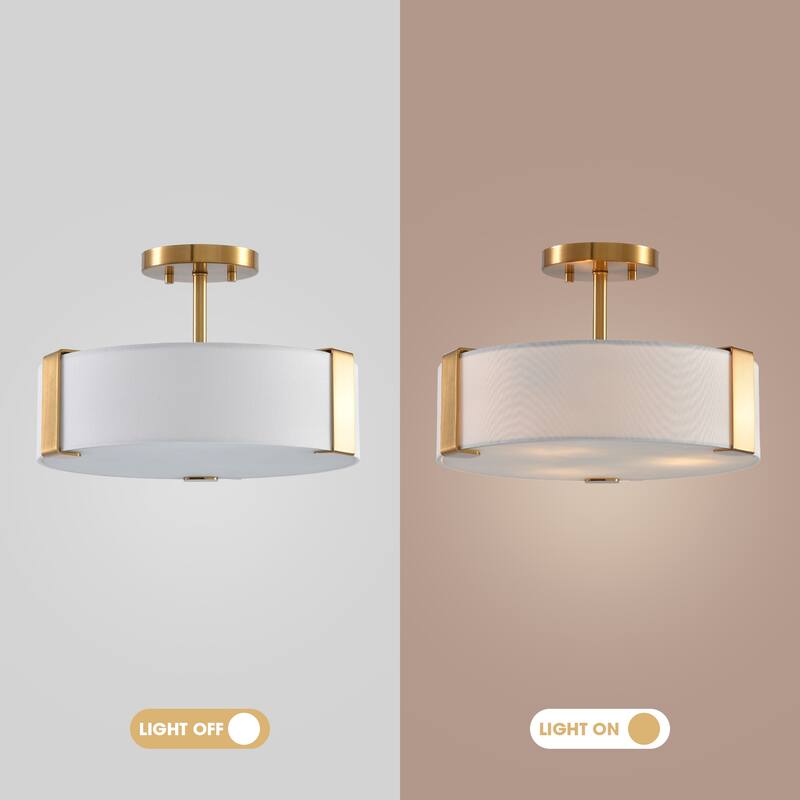 14 in. Modern Gold Drum Semi-Flush Mount Ceiling Light with Fabric Shade - 14" D x 14" W x 9.13" H