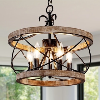 Cusp Barn 5-Light Farmhouse Wood Chandelier Adjustable Handmade Rustic Drum Ceiling Light Fixture Hanging Lamp for Foyer Kitchen