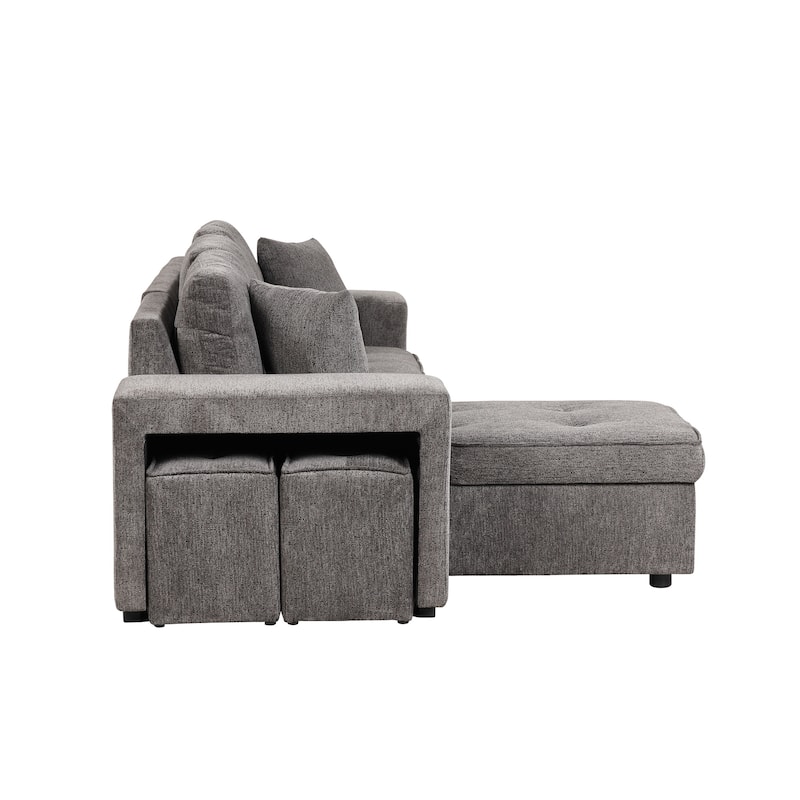Roomfitters 3-Seater Modern L-Shape Reversible Sectional Couch, Pull-Out Sleeper Sofa with Storage Chaise and Two Stools