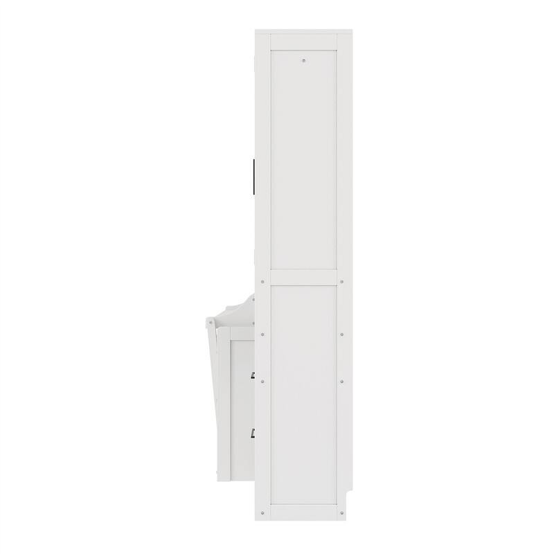 Queen Size Murphy Bed Wall Bed with 2 Wardrobes and 4 Storage Drawers, Foldable Murphy Cabinet Bed w/Open Storage Shelves& Stool