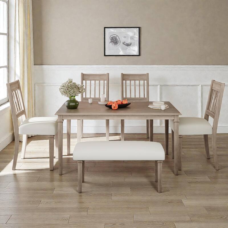 6-Piece Retro Dining Set with Wooden Table, 4 Chairs and Bench, Space-Saving Kitchen & Dining Room Furniture