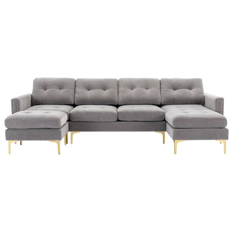 L Shaped Convertible Sectional Sofa with Ottoman, Velvet Fabric 5 Seater Sofa, Upholstered Sofa with Chaise & Storage Pockets
