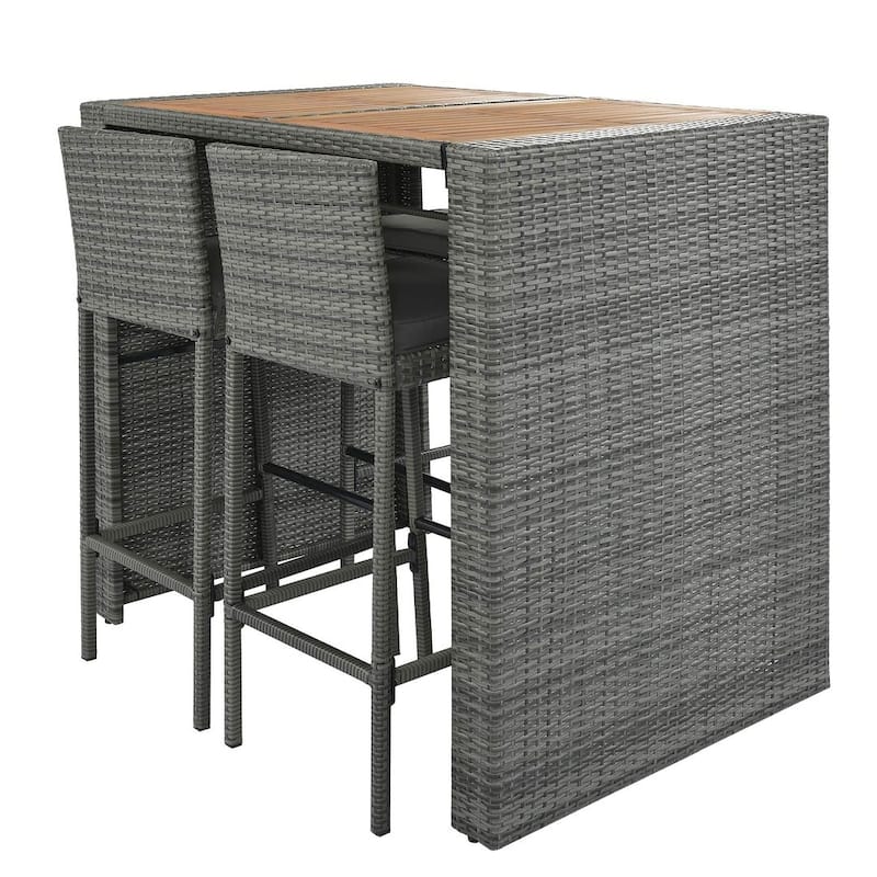 5-Piece Outdoor Patio Wicker Acacia Wood Table Top Bar Set, Gray