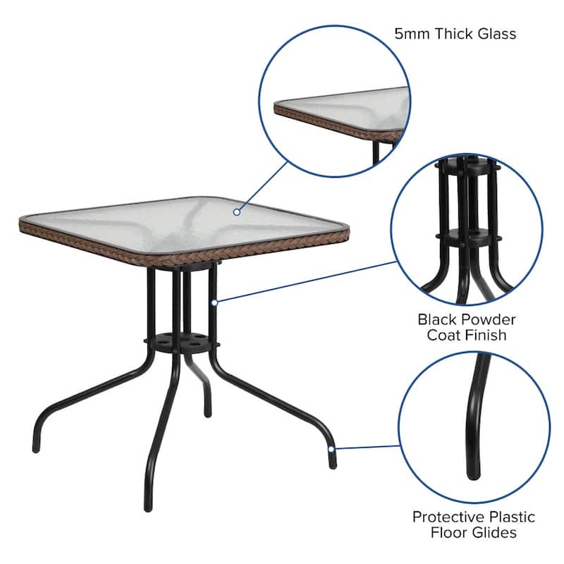 Square Tempered Glass Indoor/Outdoor Bistro Table with Rattan Edging