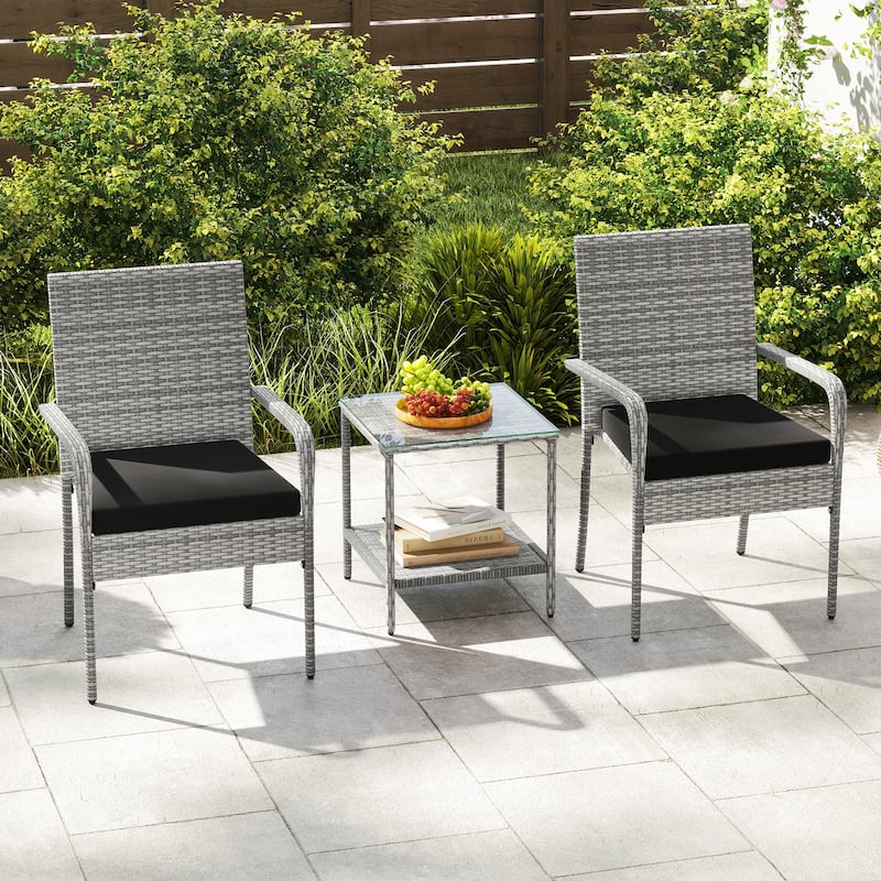3-Piece Mix Grey Rattan Patio Furniture Set with Cushioned Chairs and Tempered Glass Table for Backyard or Balcony