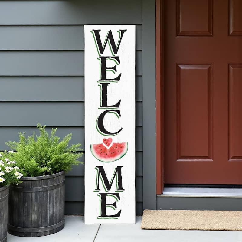 HomeRoots 36" White Pink And Green Solid Wood Welcome Porch Sign - Green/White/Pink - Wood