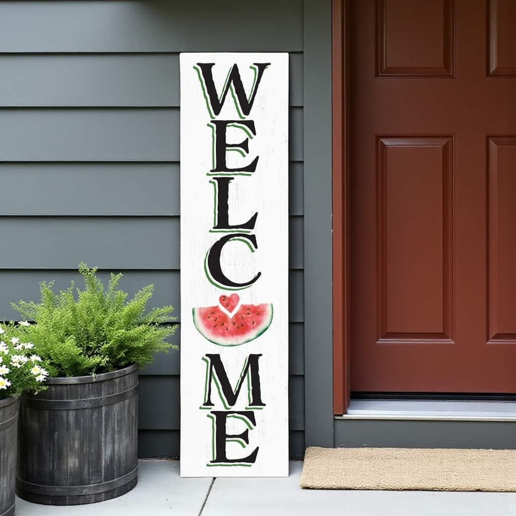 HomeRoots 36" White Pink And Green Solid Wood Welcome Porch Sign