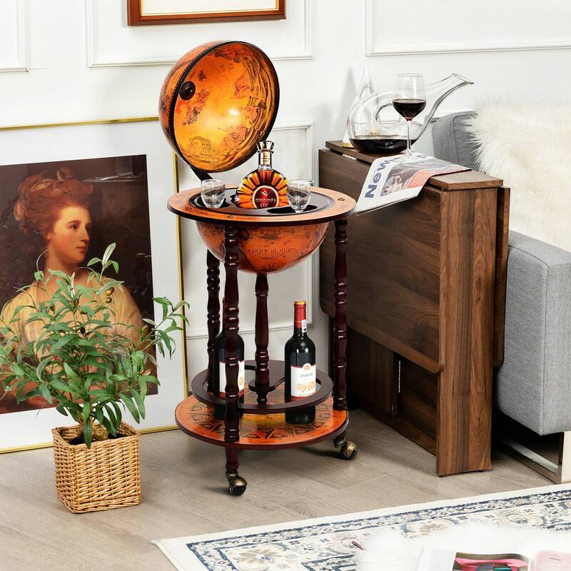 Gymax Wood Globe Wine Bar Stand 16th Century Italian Rack Liquor - See Details