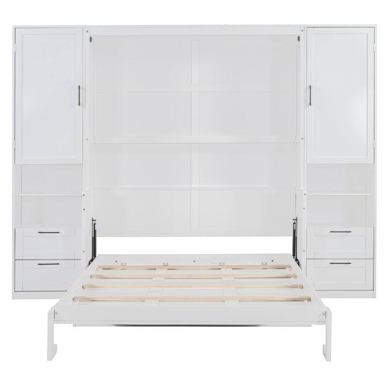 Queen Size Murphy Bed Wall Bed with 2 Wardrobes and 4 Storage Drawers, Foldable Murphy Cabinet Bed w/Open Storage Shelves& Stool