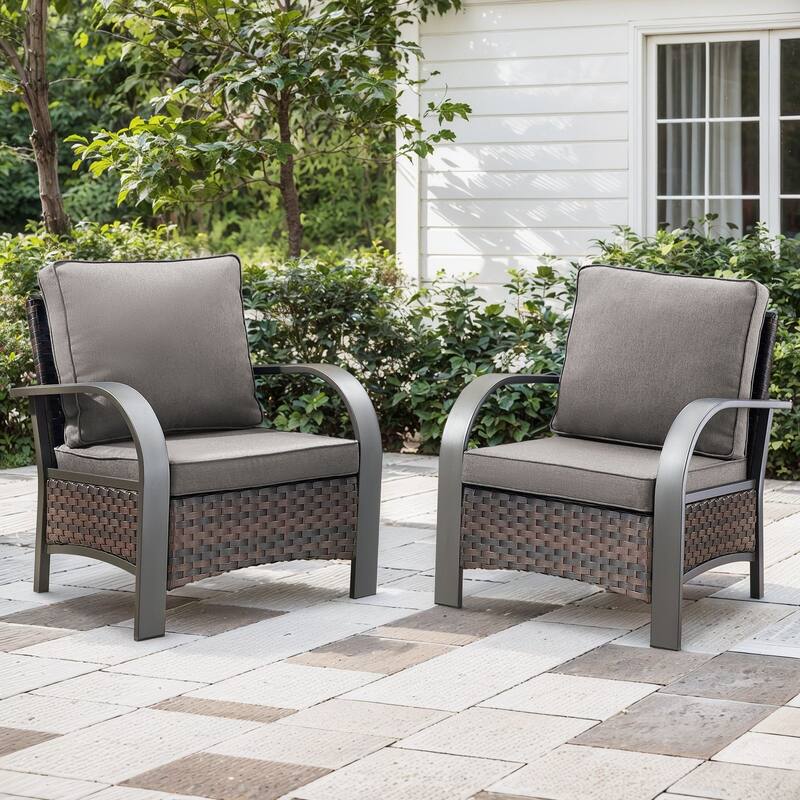 Pocassy Outdoor Patio Furniture Set - Brown Rattan - Grey Cushion - 2PCS Patio Chair