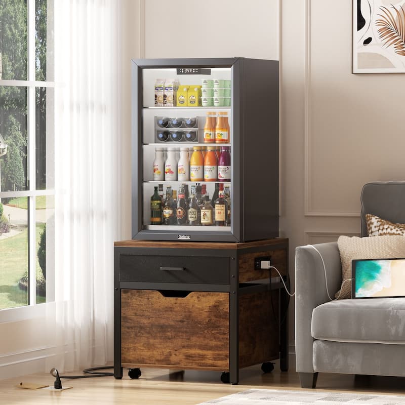 Modern Farmhouse Nightstand with Charging Station, Living Room End Table with Rolling Cabinet