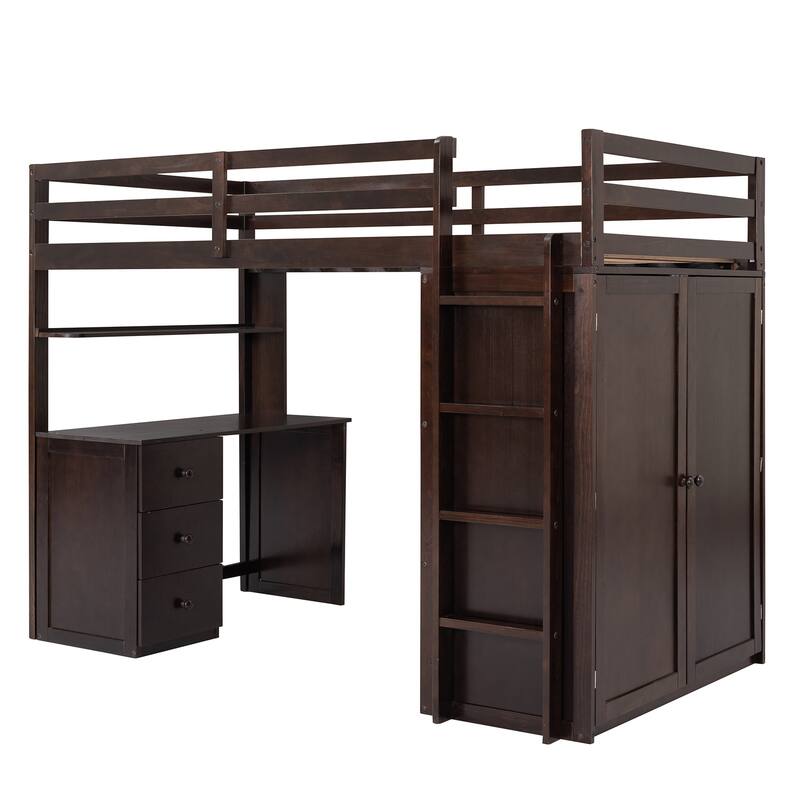 Compact Twin Loft Bed with Drawers, Desk, and Wardrobe in Espresso