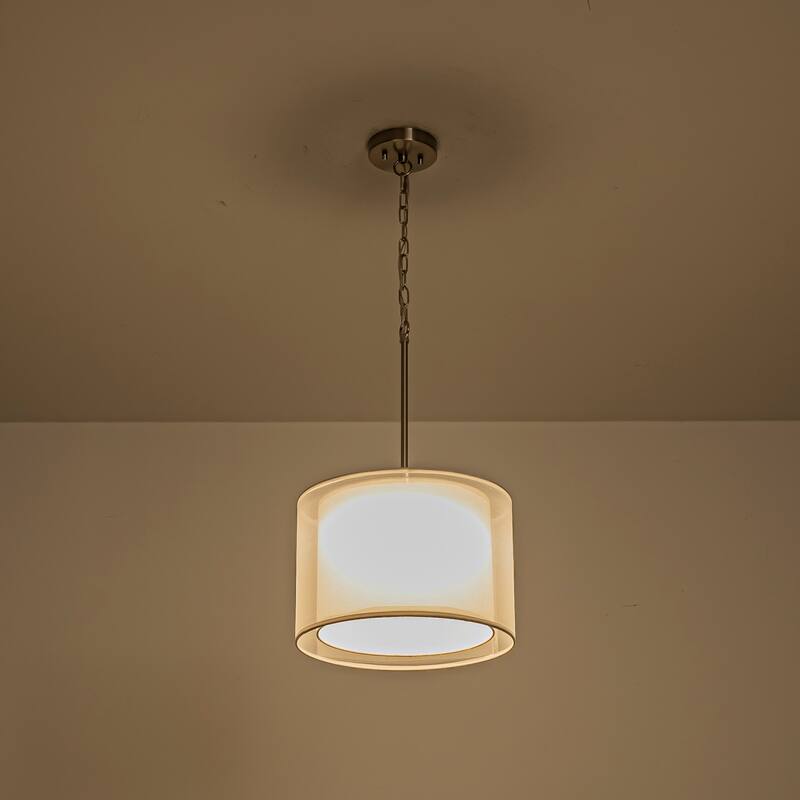 Modern 1-Light Double Fabric LED Pendant Light, 18W Warm 3000K, Satin Nickel/White for Dining Room - 1 Light