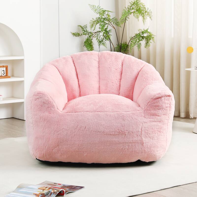 Faux Fur Shell-Shaped Bean Bag Chair, Oversized Adults Bean Bag Sofa, Bean Bag Lazy Chair with Armrests for Gaming, Reading - Pink