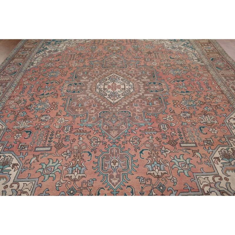 Tabriz Vintage Persian Rug Hand-Knotted Pink Geometric Wool Carpet - 9'9" x 13'4"