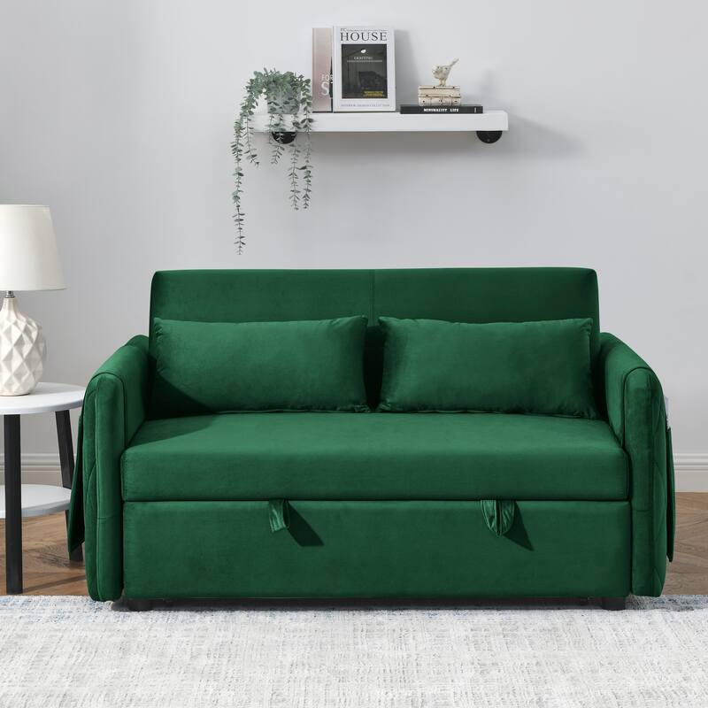 Multifunctional Pull-Out Sofa Bed, Convertible Sleeper Sofa Bed with Storage Bag, Upholstered Armsofa for Bedroom - Green