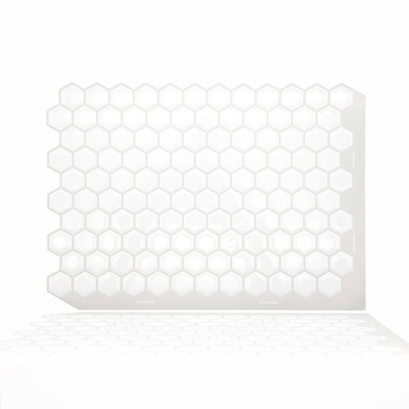 Walplus Classic White Glossy 3D Tile Sticker Peel and Stick Kitchen Backsplash - 8pcs - Mini Hexagon