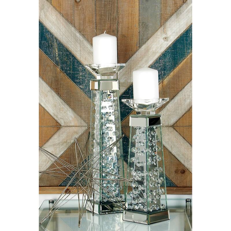 Glass Pillar Candle Holder with Floating Crystals - 4"W x 4"L x 14"H - Silver - Trapezoid