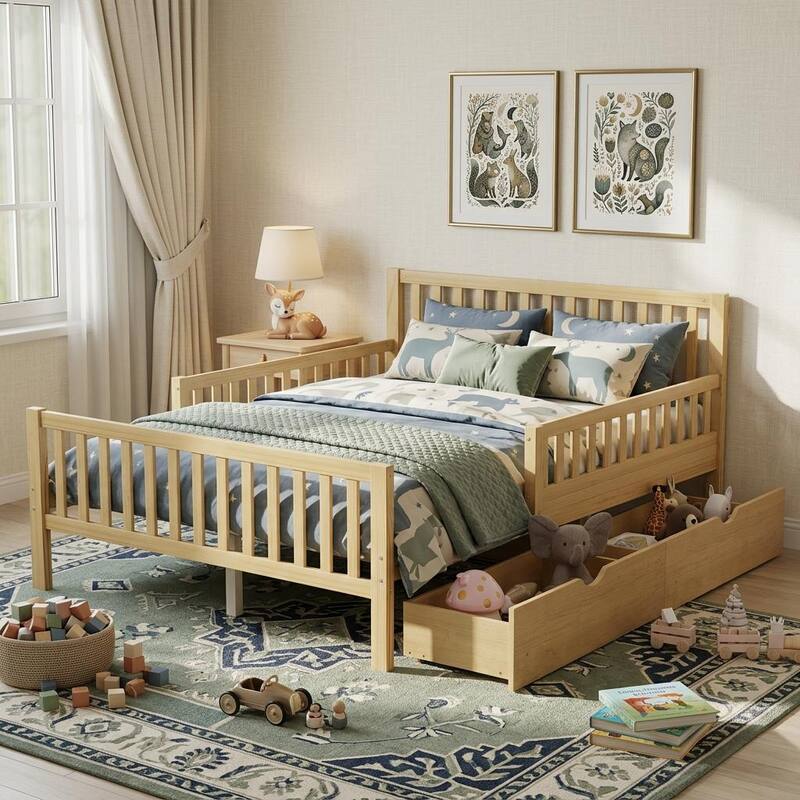 Classic Wooden Platform Bed with Dual Guardrails by Harper&Bright Designs - Natural - Full