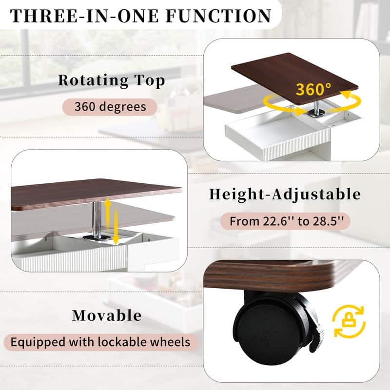Adjustable End Table with Wheels, Modern Multifunctional Sofa Side Table with Lift-Top, 360°Rotating Top and Storage Space