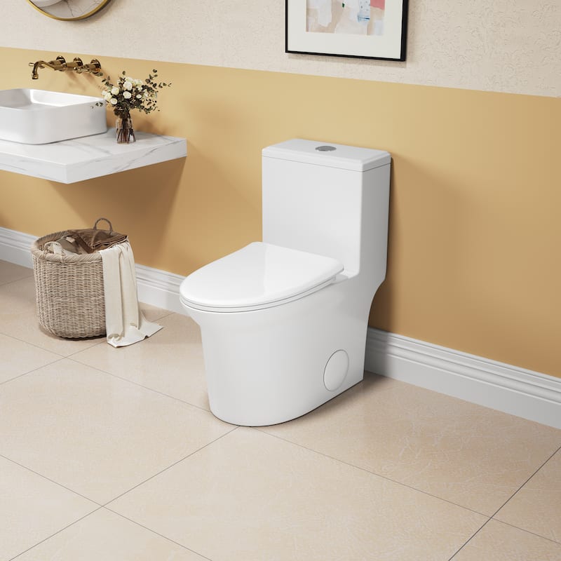 Anmytek Super Quiet One-Piece Toilet - 1.1/1.6 GPF, Elongated Comfort Height, White Ceramic with Soft Close Seat