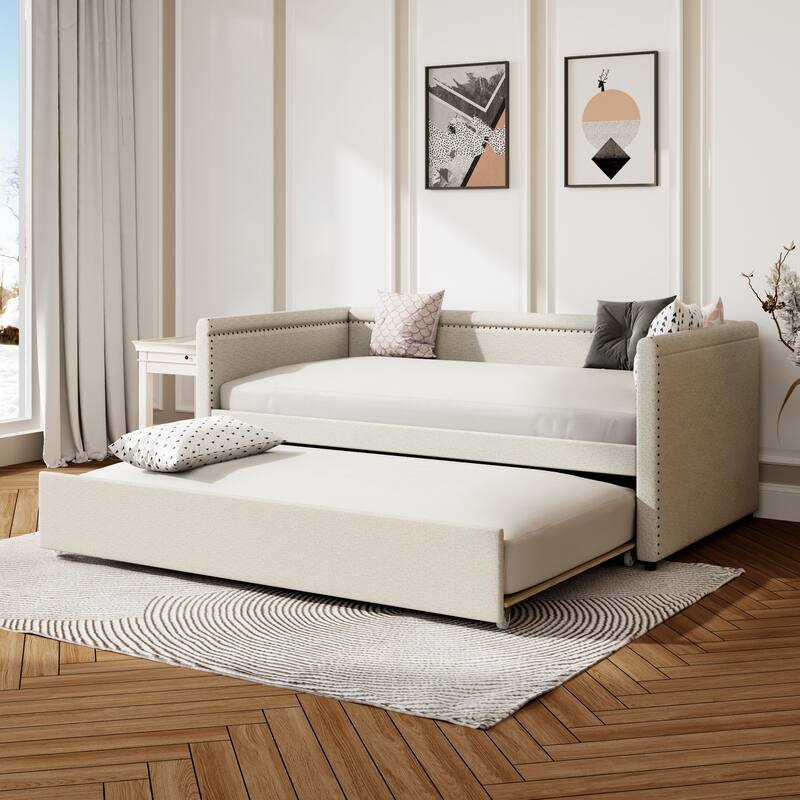 Twin Size Upholstered Daybed with Twin Trundle, Solid Wood Sofa Bed Frame with Nailhead Trim for Guest Room & Small Bedroom