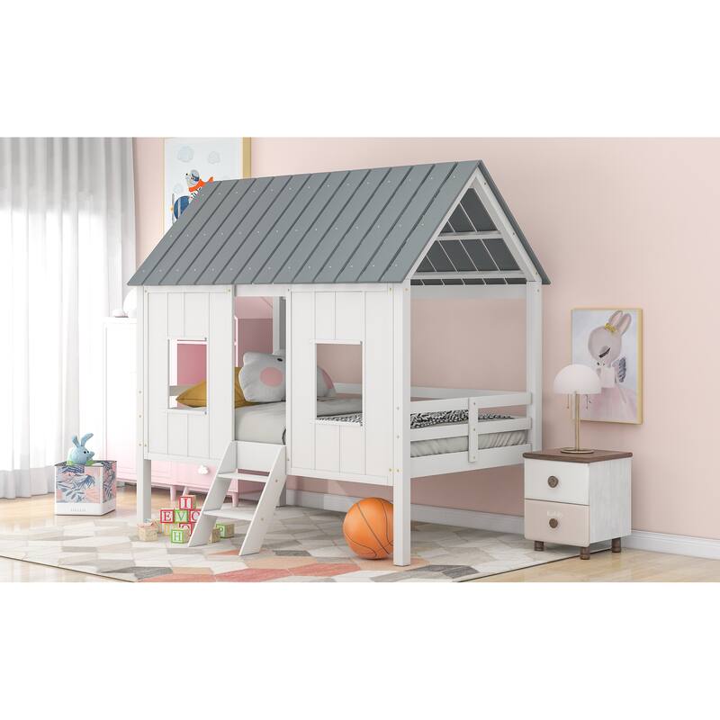 Twin Size Low Loft House Bed With Roof And Two Front Windows , White