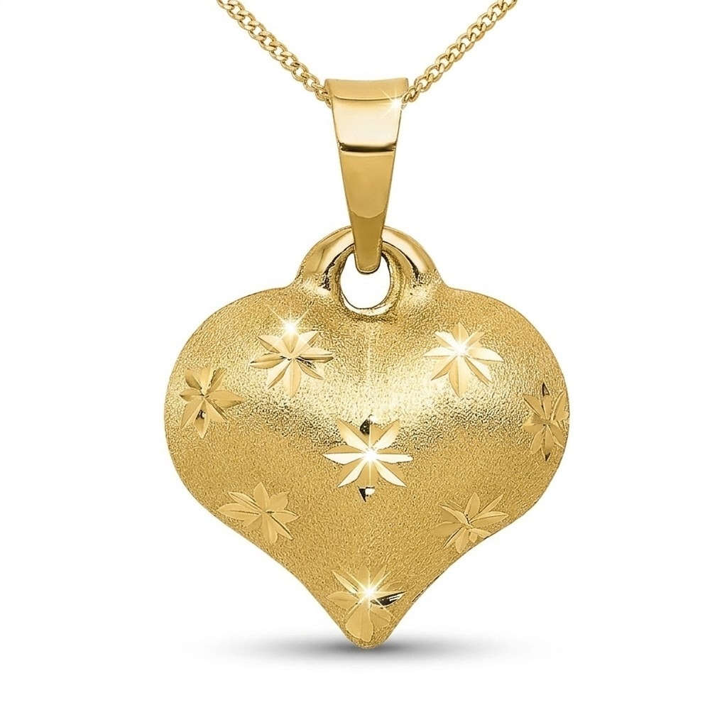 Curata 10k or 14k Solid Gold 18" 16x11mm Diamond Cut Satin Puffed Heart Necklace