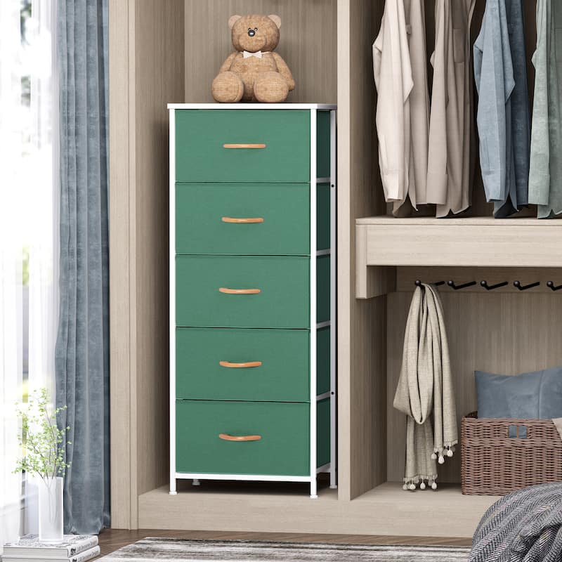 Home Bedroom Furniture 5-drawer Chest Vertical Storage Tower - Fabric Dresser - Green