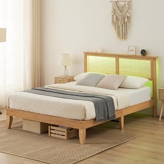 Modern Rattan Bed Frame with Natural Wood Headboard, Bohemian Rattan ...