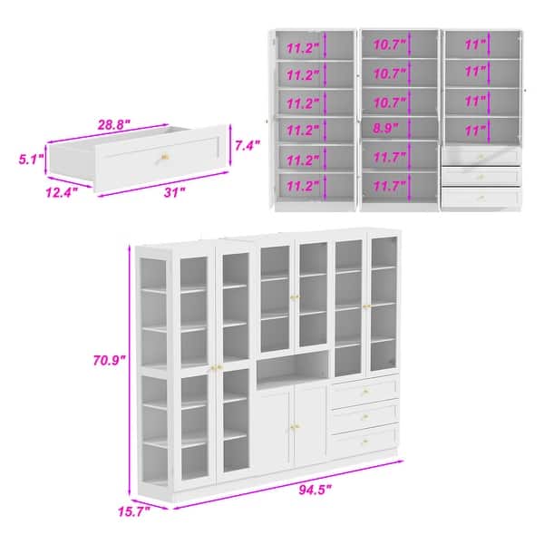 dimension image slide 0 of 4, Glass Cabinet White Display Curio Storage Cabinet with Glass Doors