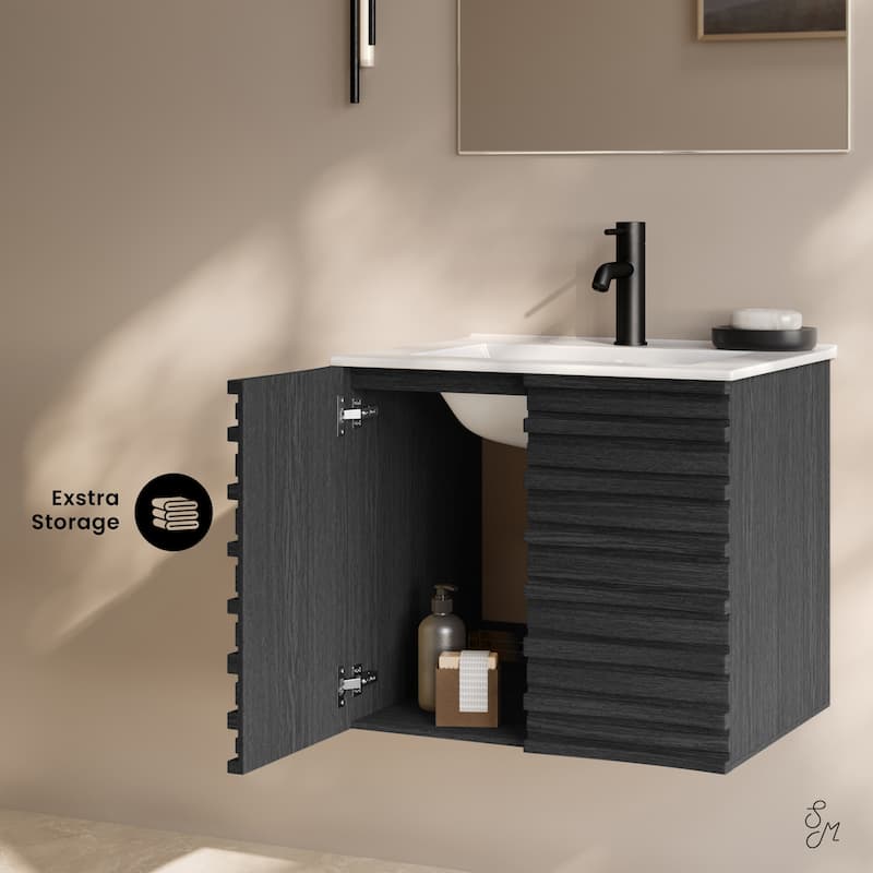 Cascade 24" Wall-Mounted Bathroom Vanity In Black Oak With Sink Top - 24