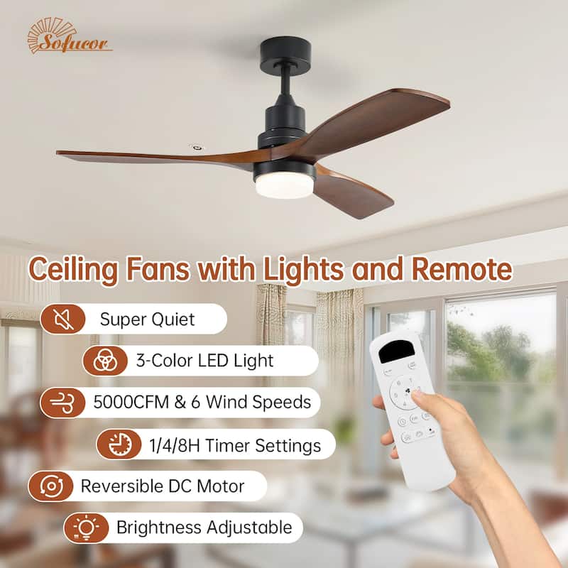 Sofucor 52 Inch Ceiling Fan with Light and Remote,Smart Optional,Quiet DC Motor for Bedroom Living Room Farmhouse Patio Porch