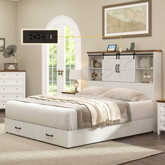 Farmhouse Platform Bed with Storage Drawers Shelves and Built In USB Charging Port Available