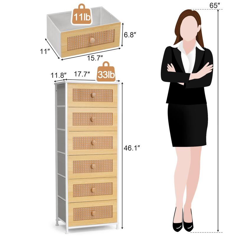 6 Drawers Chest - Vertical Storage Tower Steel / Wood / Fabric Dresser