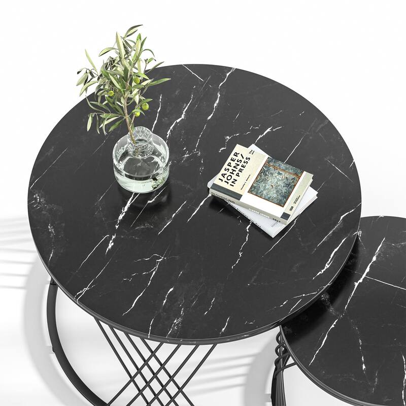 Anmytek Round Nesting Coffee Table Set of 2, White Modern End Tables Living Room Faux Marble Sofa Beside Table