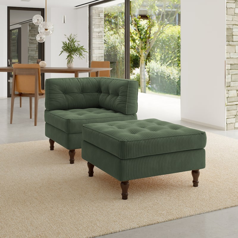 Corduroy Tufted Accent Chair Armchair and Ottoman Set - Green