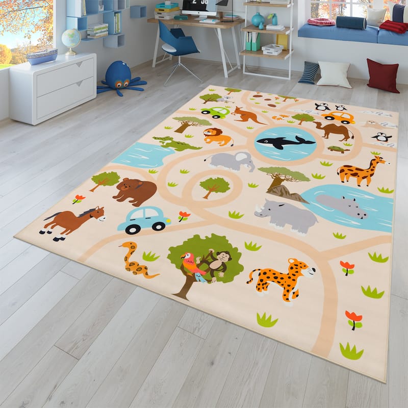 Kids Rug Wild Animals Play Mat in Beige Multicolor