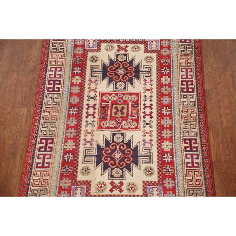 Geometric Beige Kazak Oriental Accent Rug Handmade Wool Carpet - 3'1"x 4'8"