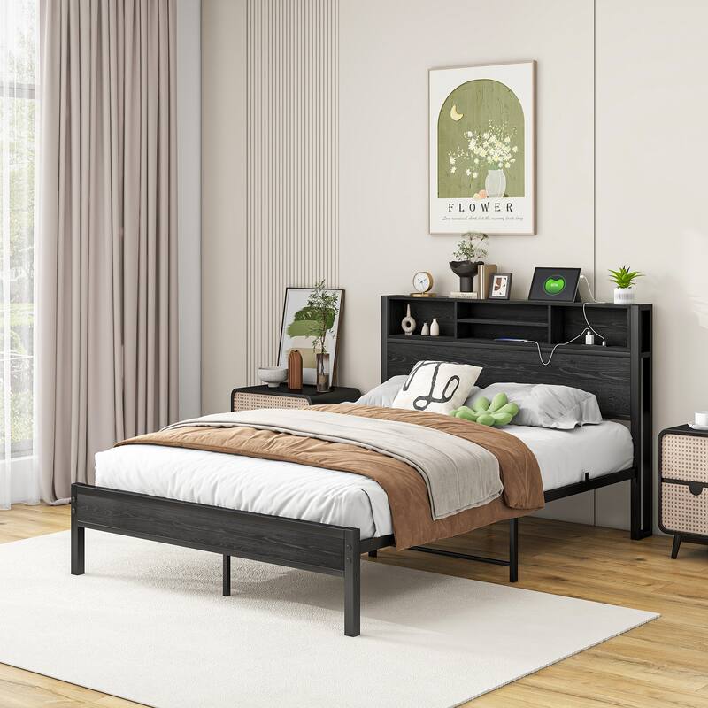 Full Size Bed Frame with Storage Headboard, Charging Station, No Box Spring Needed, Easy Assembly