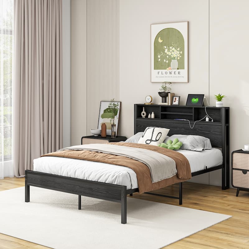 Metal Platform Bed with Charging Station, Bookcase Storage
