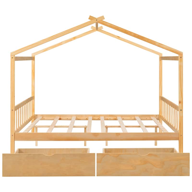 Full Pine House Bed with Drawers, Headboard & Footboard