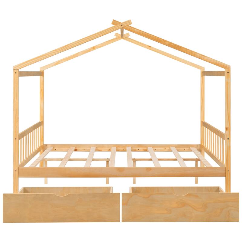 Natural Full Size House Platform Bed with Two Functional Drawers